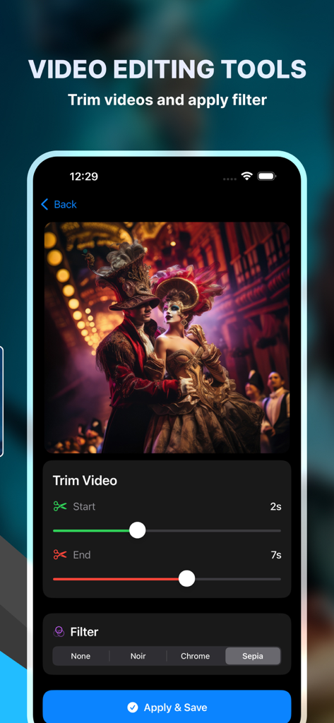 OMP - Offline Media Player - Interface of OMP Offline Media Player showing video trimming tools and filters