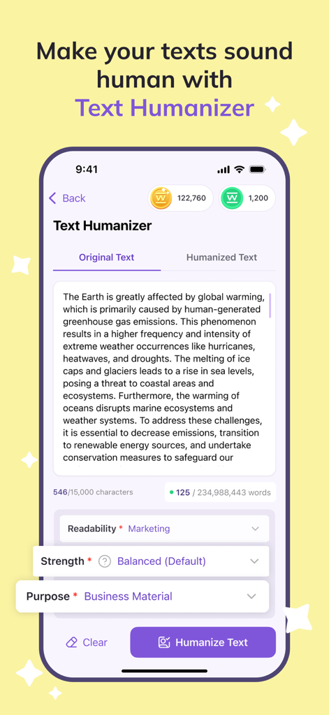 TextGuard AI mobile app interface showing the text humanizer tool