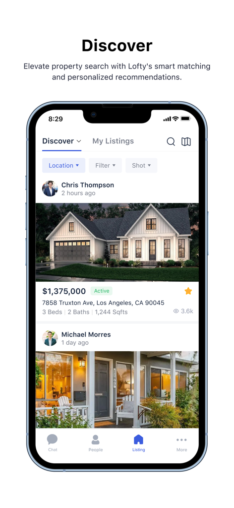 Lofty Real Estate Platform - A screenshot of the Lofty Real Estate Platform app showing property listings on the Discover screen with smart matching recommendations.
