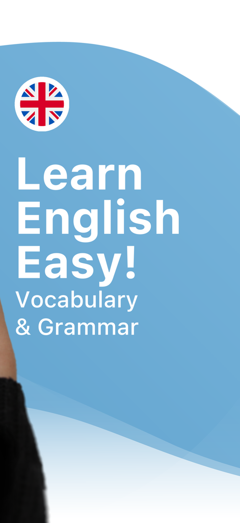 Learn English with LENGOアプリのプロモーション画面。語彙と文法に焦点を当て、イギリス国旗のアイコン付き。