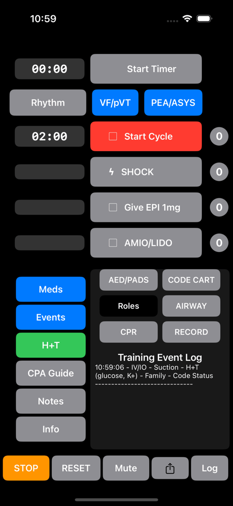 Code Timer Plus - ACLS training dashboard with timers, medication logs, and CPR cycle controls