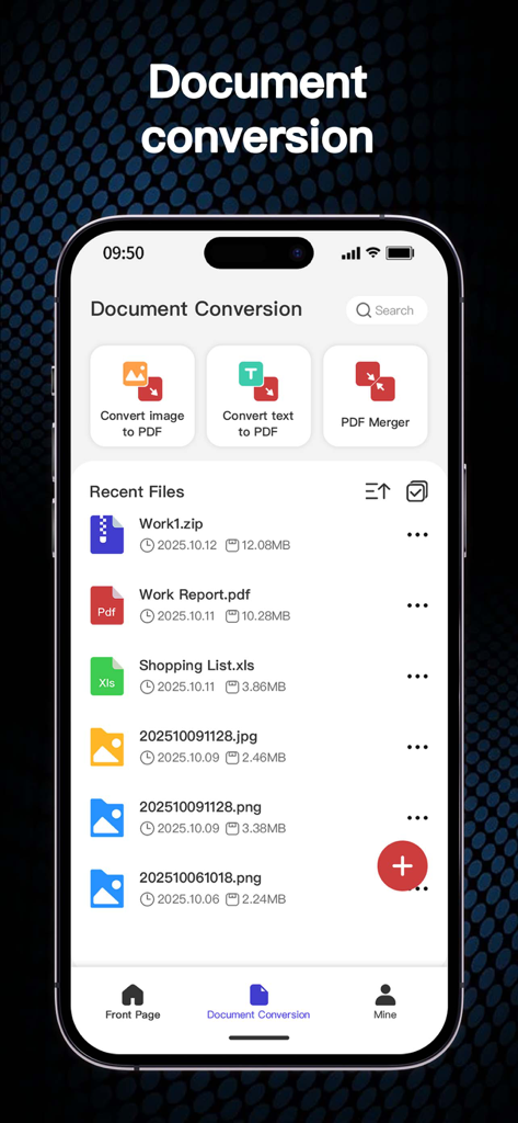 ExZip app document conversion screen showing image to PDF and PDF merger tools