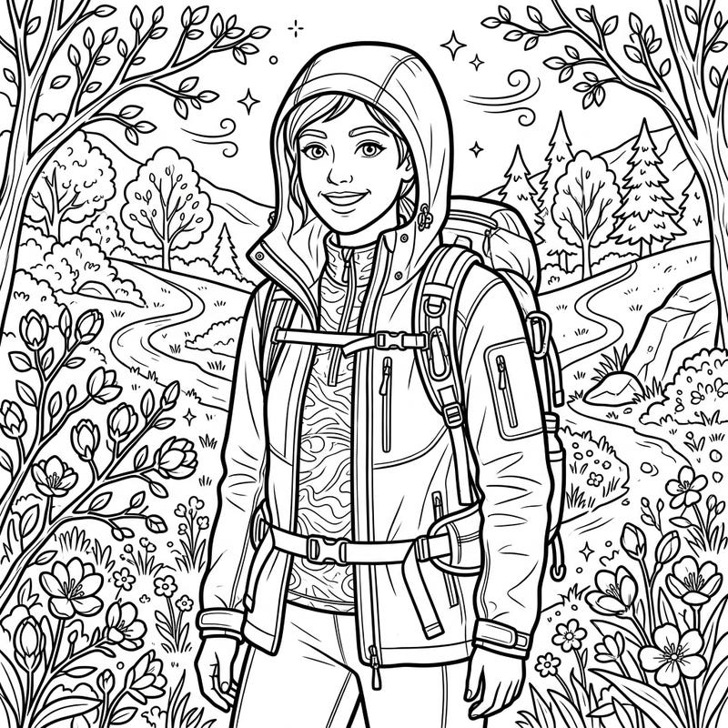 Embrace the freshness of spring with this delightful coloring page featuring a hiker ready for adventure. Discover blooming flowers and scenic trails, perfect for bringing vibrant colors to life.