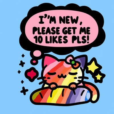 kitty taking a nap dream talking and saying "i'm new, please get me at least 10 likes pls!!"