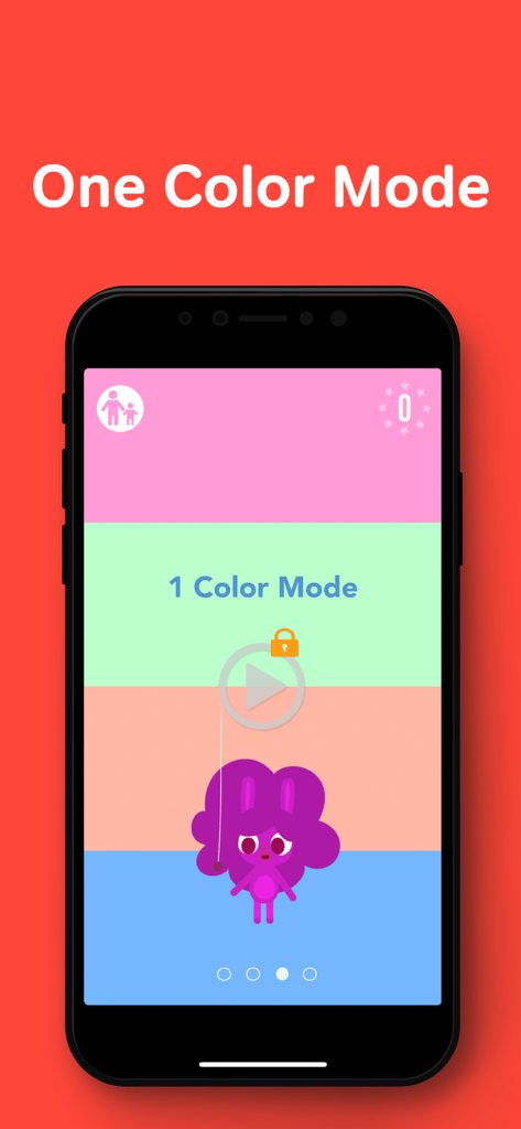 Schermata dell'app MarcoPolo Recall che mostra l'interfaccia di gioco della modalità Un Colore con un simpatico personaggio viola.