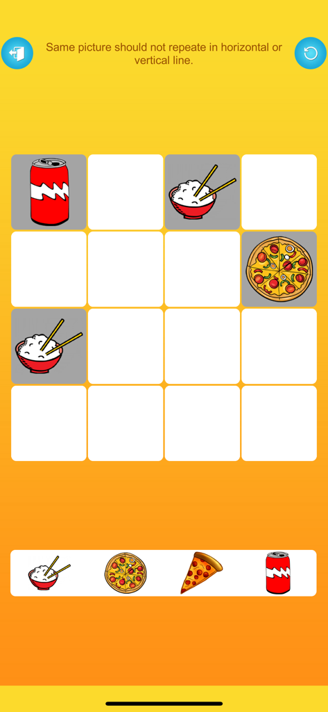 Brain Puzzle with Pictures - Um tabuleiro de quebra-cabeça de grade 4x4 onde os jogadores organizam ícones de comida como pizza e refrigerante sem repetições em linhas ou colunas.
