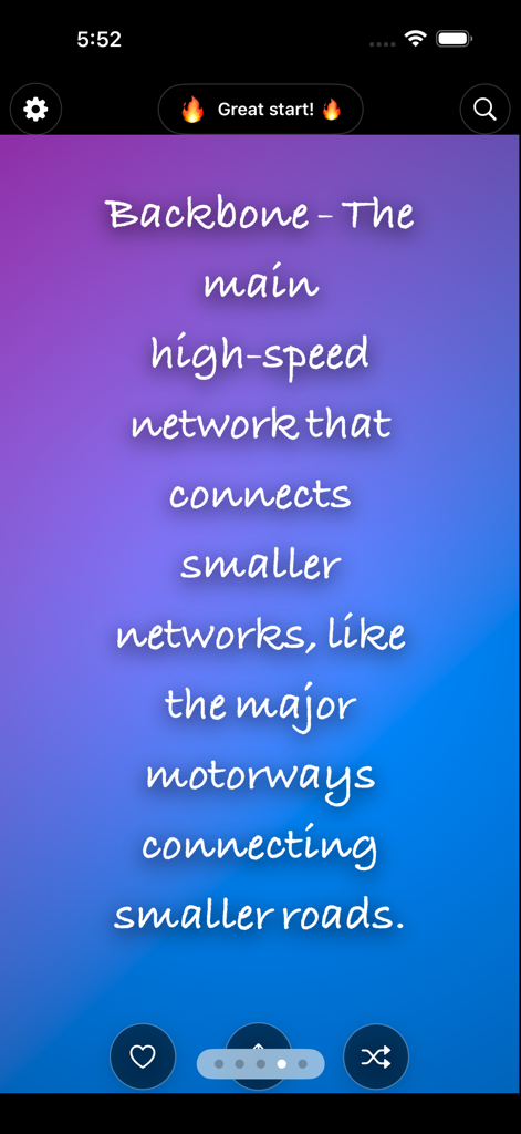 Captura de pantalla de la aplicación Glosario de Jerga Tecnológica que muestra la definición del término de TI 'Backbone' sobre un fondo degradado morado y azul.