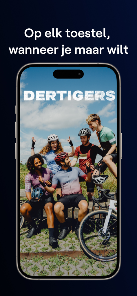 VRT MAX app on a smartphone displaying the series Dertigers with a group of cyclists