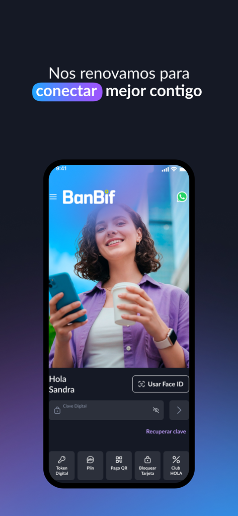 Nueva BanBif App - Pantalla de inicio de sesión de la aplicación bancaria Nueva BanBif que muestra seguridad biométrica Face ID y accesos directos de pago digital