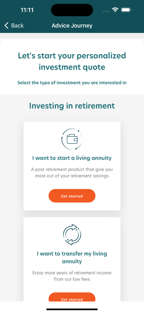 Alexforbes Invest - Alexforbes Invest app Advice Journey screen for selecting retirement investment options like living annuities