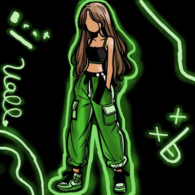 girl in baggy pants crop top and long hair