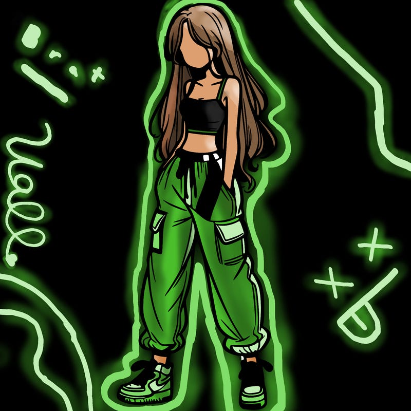 girl in baggy pants crop top and long hair