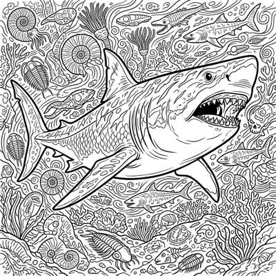 Uncover the mysteries of the deep past with this captivating Megalodon Extinction coloring page. Immerse yourself in a detailed underwater world teeming with ancient marine life and the awe-inspiring presence of the colossal shark.
