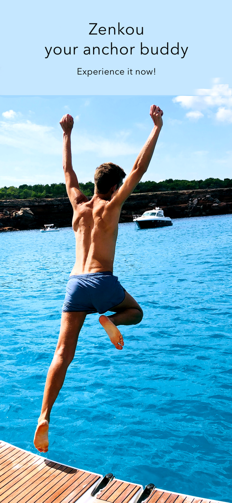 A man jumping off a boat into clear blue water illustrating the peace of mind provided by the Zenkou anchor alarm app