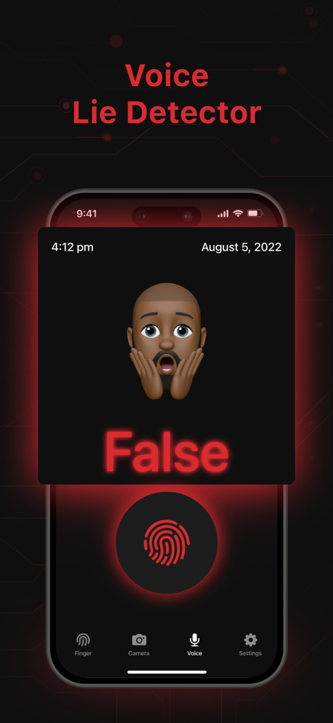 Interface de l'application du détecteur de mensonges vocaux affichant un résultat faux et un emoji choqué