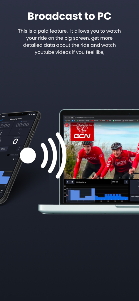 TrainerDay - Indoor Cycling - A smartphone broadcasting cycling workout data and videos to a laptop screen using the TrainerDay app.