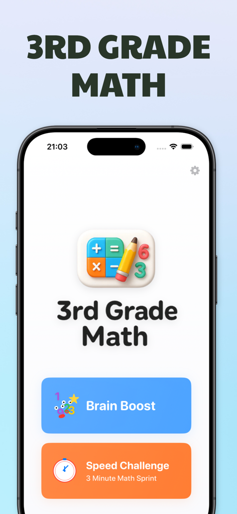Main menu of the 3rd Grade Math app on an iPhone showing Brain Boost and Speed Challenge game modes.