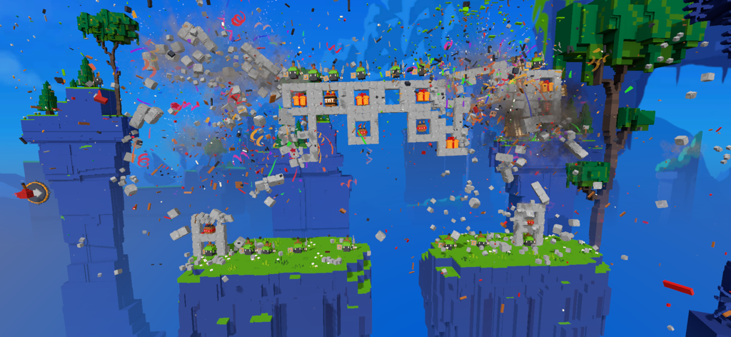 Blow it up Mobile - Jugabilidad de Blow it up Mobile mostrando una estructura de vóxeles explotando con confeti y escombros volando usando simulación física realista