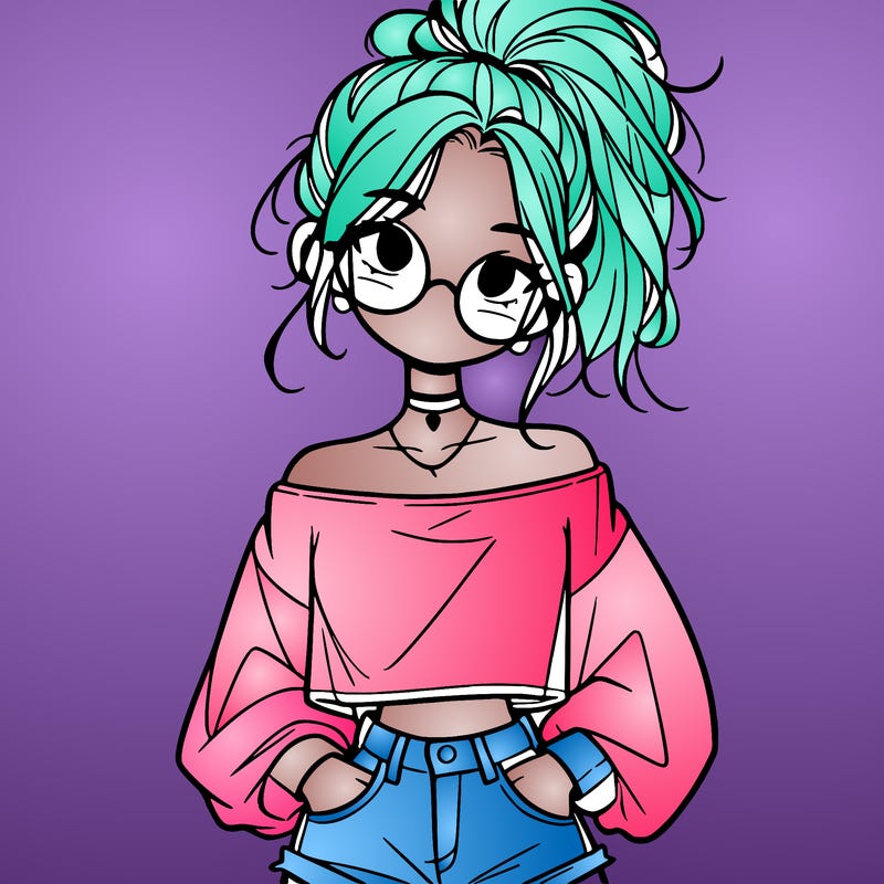 girl with a messy ponytail glasses a baggy crop top and jean shorts