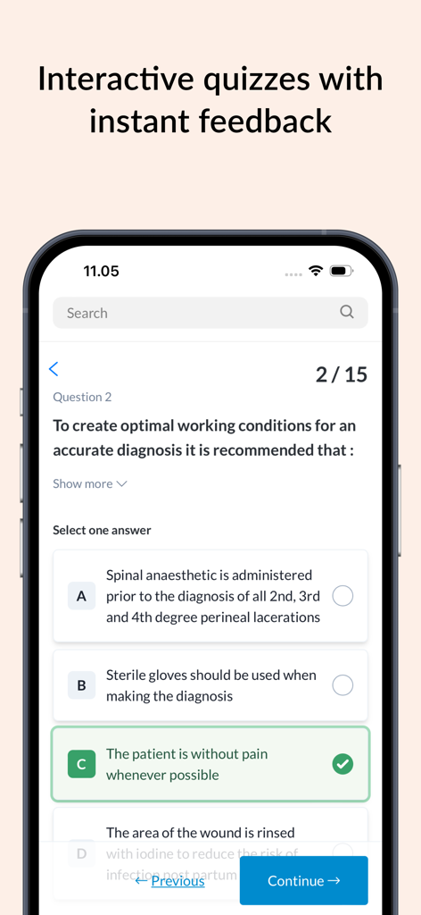 A smartphone screen showing a GynZone interactive medical quiz for birth professionals with instant feedback.