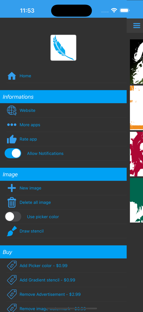 Fx Stencil - The settings and tools menu of the Fx Stencil mobile application