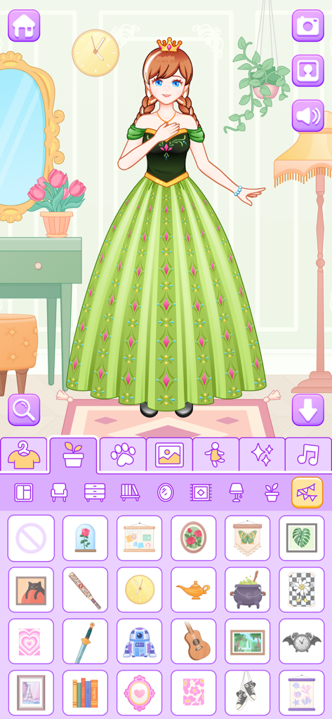 BFF Dress Up - Princess Doll - A princess character in a green gown with a menu of decorative items for room customization