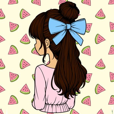 realistic girl  with hip length hair a bun and a big bow on the back of head