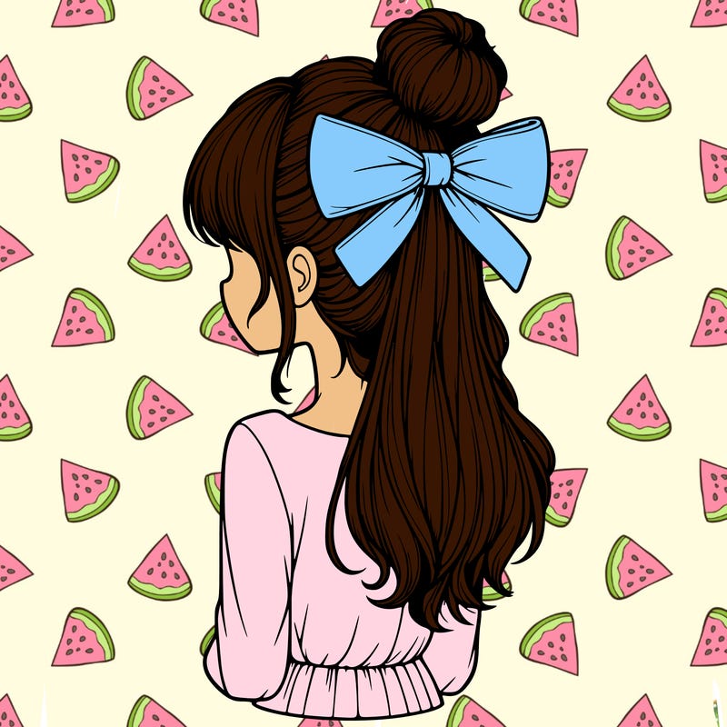realistic girl  with hip length hair a bun and a big bow on the back of head