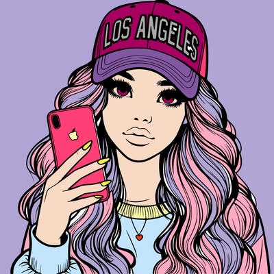 realistic beautiful girl wearing los ángeles cap holding an iphone