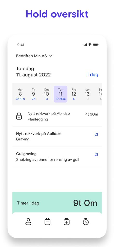 Daily summary of tracked hours and tasks in the Fiken Timeføring app