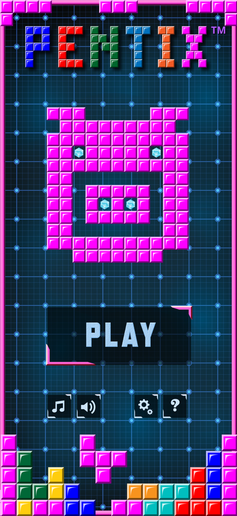 Pentix Nova - Falling Blocks - Main menu screen for Pentix Nova showing a block-style pig and a large play button