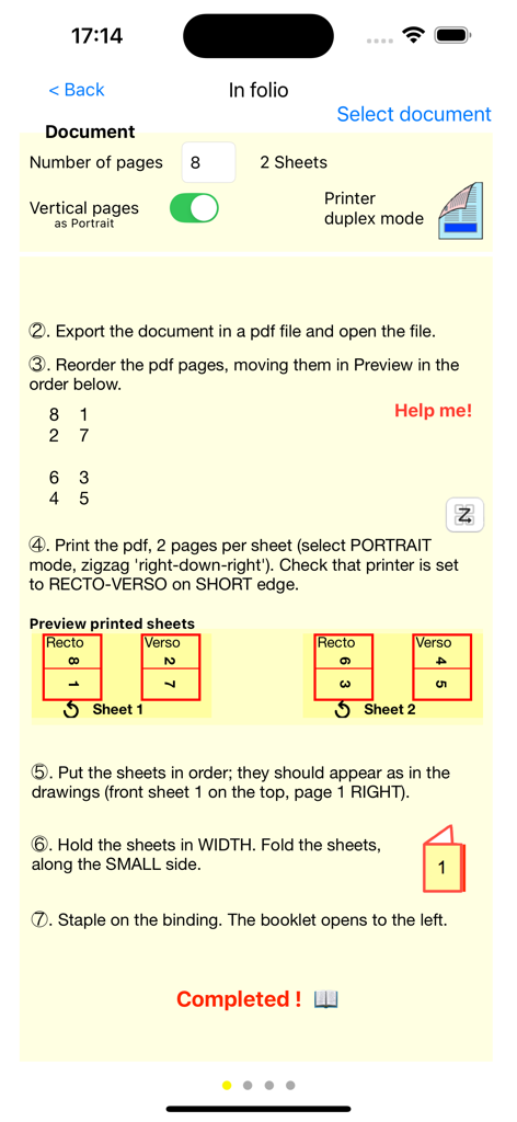 The In Folio app interface showing a detailed guide for preparing and printing an eight page booklet.