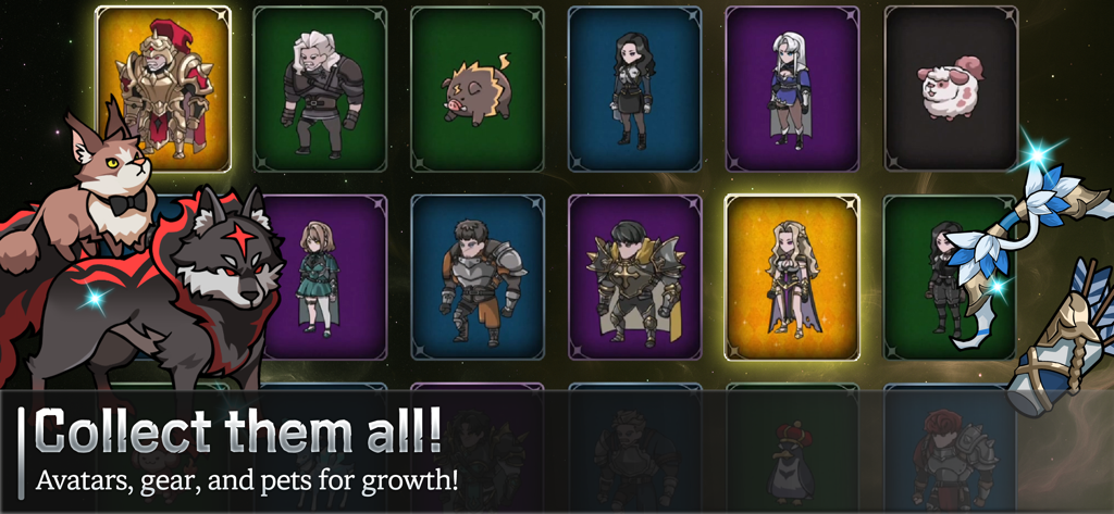 Ash N Veil : Fast Idle Action - A showcase of various collectible hero avatars, pets, and gear in the Ash N Veil mobile game.