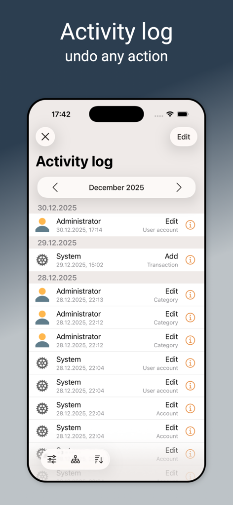 Alzex Finance Pro - Activity log screen in Alzex Finance Pro showing a list of transactions and edits by users