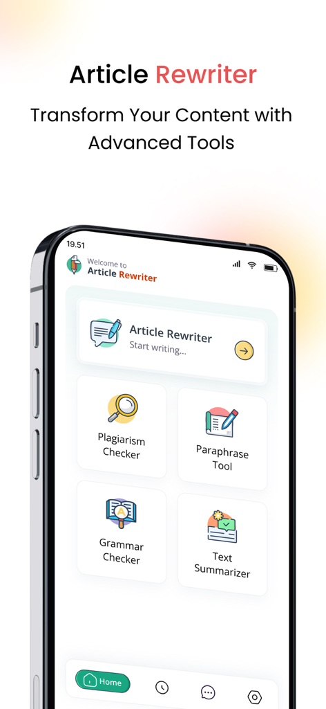 Article Rewriter - Interfaccia dell'app Riscrivi Articoli con controllo del plagio, strumento di grammatica e riassunto del testo.