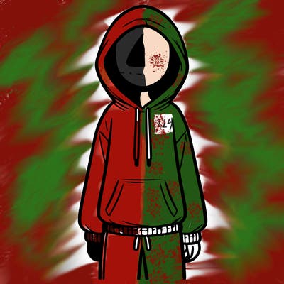 faceless girl in a tracksuit with a hood on and no hair