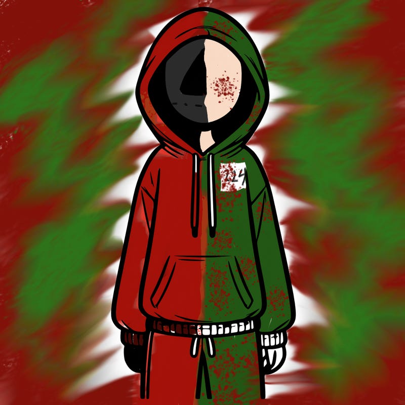 faceless girl in a tracksuit with a hood on and no hair