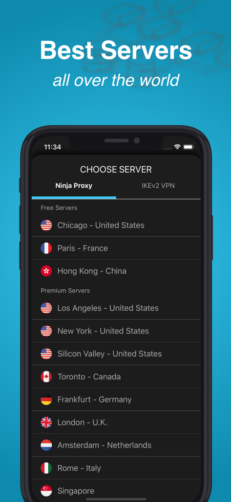 Ninja VPN-IP Proxy Unlimited - Ninja VPN app interface showing a list of free and premium global server locations
