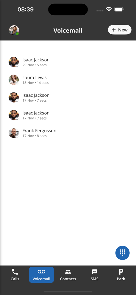ConnectUC - Visual voicemail interface of the ConnectUC app displaying a list of recent voice messages