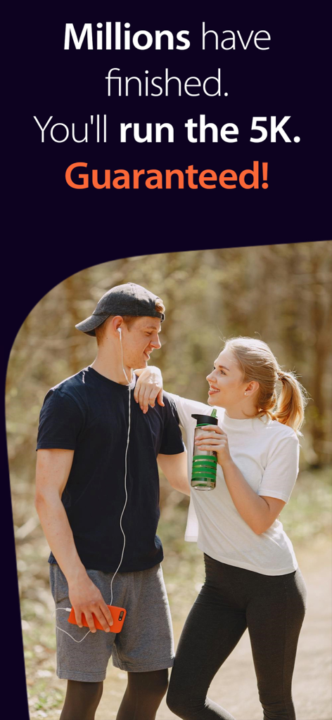 C25K® 5K Running Coach & Map - A smiling couple in athletic wear outdoors with promotional text promising success in running a 5K.