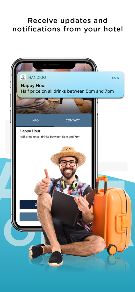 Handigo app screen showing a hotel happy hour notification and a traveler with luggage