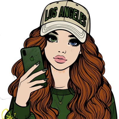 realistic beautiful girl wearing los ángeles cap holding an iphone