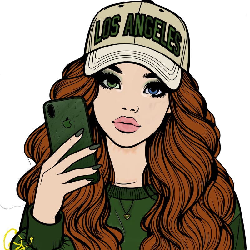 realistic beautiful girl wearing los ángeles cap holding an iphone