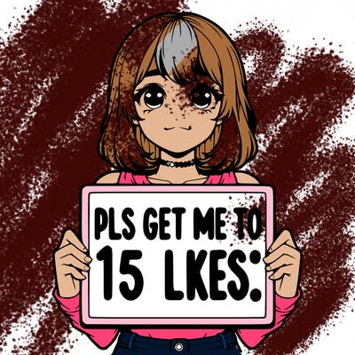 realistic girl holding up a sign that says “pls get me to 15 likes!”