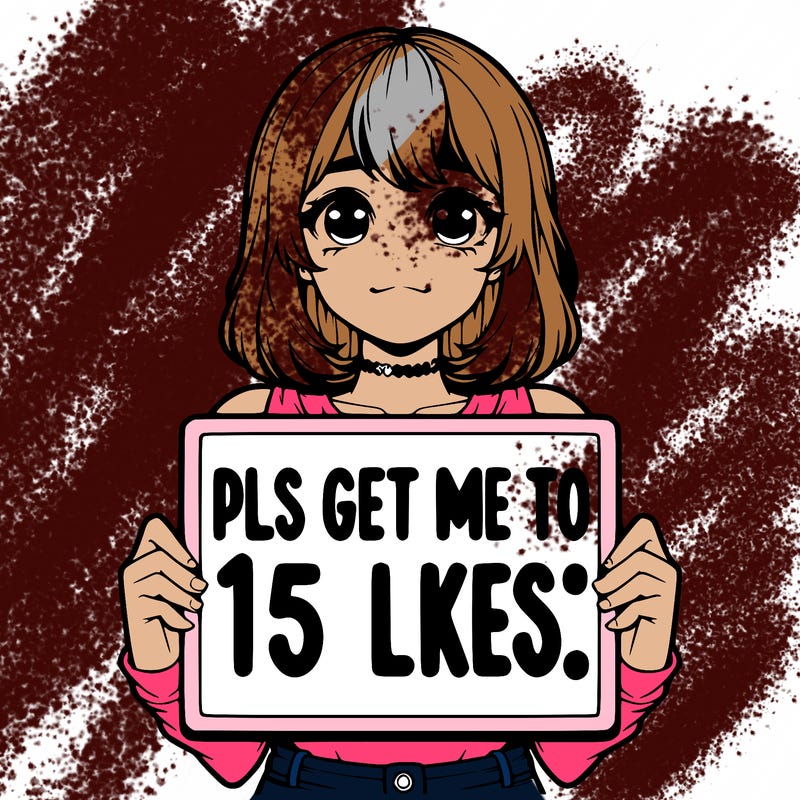 realistic girl holding up a sign that says “pls get me to 15 likes!”