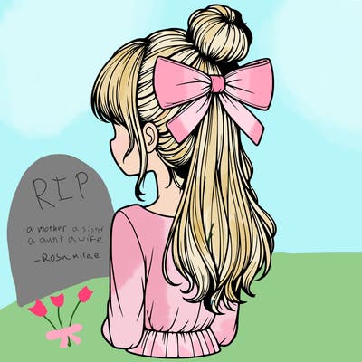 realistic girl  with hip length hair a bun and a big bow on the back of head