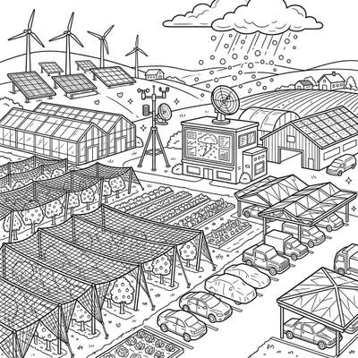 Explore the fascinating world of hail protection with this detailed coloring page. Featuring a full scene of farms equipped with solar panels, wind turbines, protective nets, and weather monitoring, it's an educational and engaging coloring experience.