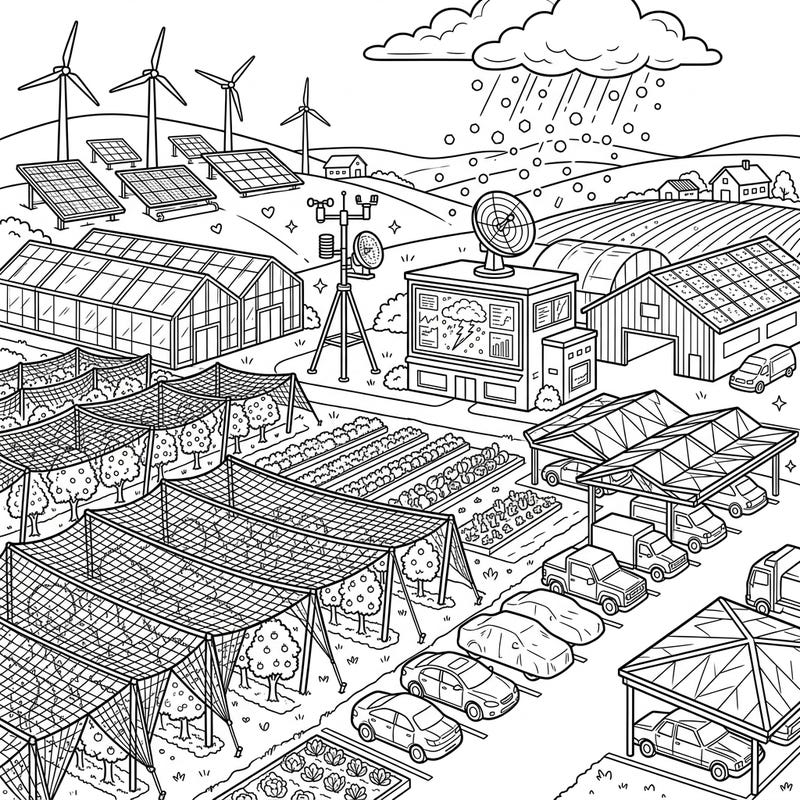 Explore the fascinating world of hail protection with this detailed coloring page. Featuring a full scene of farms equipped with solar panels, wind turbines, protective nets, and weather monitoring, it's an educational and engaging coloring experience.