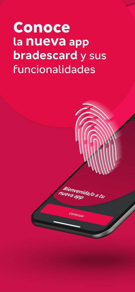 Welcome screen of the bradescard mobile app featuring a fingerprint icon for biometric security
