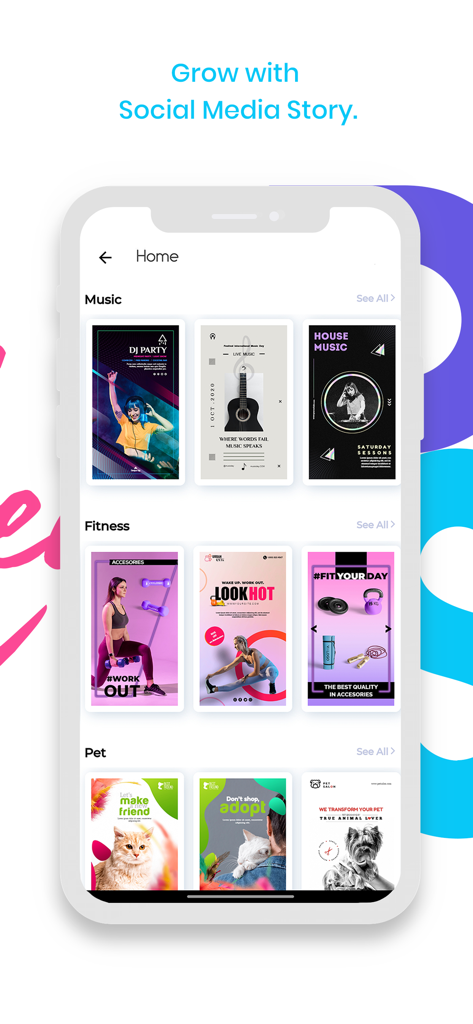 Social Media Post Maker 2025 - Pantalla de inicio de la aplicación creadora de publicaciones para redes sociales que muestra plantillas de diseño para categorías de música, fitness y mascotas